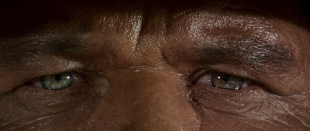 Director Sergio Leone, cinematographer Tonino Delli Colli, and actor Charles Bronson give us one of the closest and most powerful close-ups in film history with this climactic view of Harmonica's pained eyes.