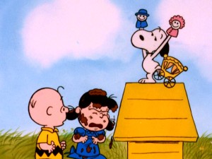Snoopy's Valentine's Day "pawpet" show covers paying audience member Lucy with mud.