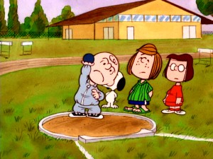Charlie Brown struggles with the shot put part of his training with Peppermint Patty and Marcie in "You're the Greatest, Charlie Brown." Screencap from 2010's Peanuts 1970's Collection, Vol. 2 DVD. (Click to view full 720 x 480.)