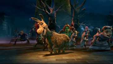 Donkey leads an undead dance in Shrek's tribute to Michael Jackson's "Thriller."