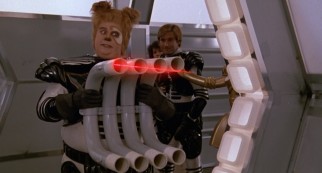 Barf (John Candy) turns the tables on Spaceball troopers by returning their laser fire back towards them.