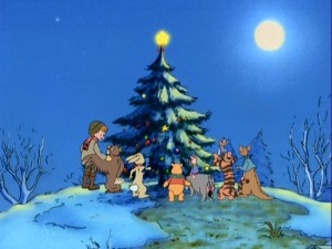 The entire Hundred Acre Wood gang, sans Gopher, gathers around the Christmas tree in the five minutes of original animation that actually deal with the marketed holiday.