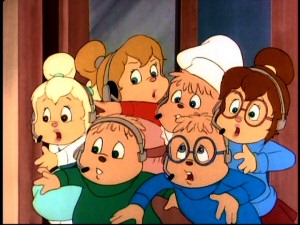 With their fancy headsets on, the Chipmunks and Chipettes rush to save their school courtyard's Thomas Edison statue, producing a clogged doorway.