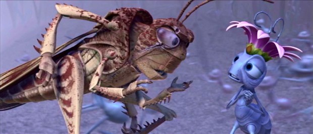 While ants scatter around them, Hopper (voiced by Kevin Spacey) takes special notice of the Queen (voiced by Phyllis Diller).