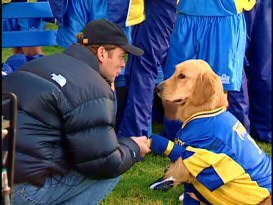 Buddy, or rather one of the five dogs that play him, gets the honor of shaking director Bill Bannerman's hand in the production featurette.
