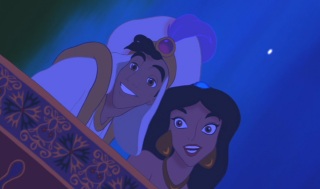 Aladdin and Jasmine like the reflection they see during their magic carpet ride.