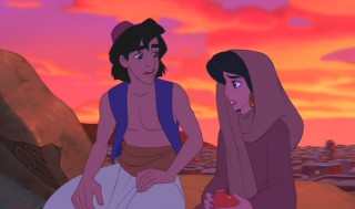 Aladdin and Jasmine share a sunset at his place.
