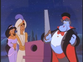 Jasmine, Aladdin, and Genie are drawn with a unique style for "The Return of Jafar."