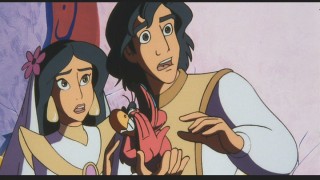 Jasmine, Iago, and Aladdin see a bright light, from the oracle.