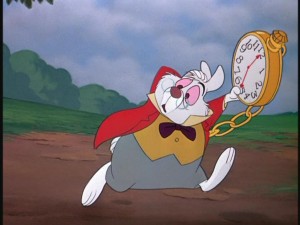 The famously late White Rabbit scurries away from an intrigued Alice.