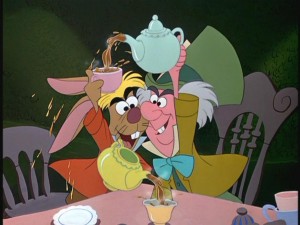As the Mad Hatter and the March Hare celebrate their unbirthdays, the Dormouse (hidden inside the yellow tea pot) doesn't seem to mind sharing a home with scalding hot tea.