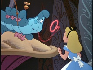The Caterpillar eyes Alice warily as he and his smoke rings demand to know who she is.