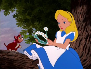 Alice gets through a dull history lesson by fashioning a daisy chain for her cat Dinah.