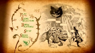 Oraculum renderings of Cheshire Cat, the Bandersnatch, and a Red Queen knight appear on the DVD's animated main menu.