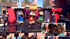 Three costumed Chipmunks and two human performers light up the Chula Vista Mall stage while young fans sound off in picture-in-picture.