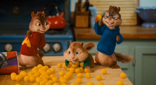 "Cheese puff" isn't a bad description for The Squeakquel, but it is a bad subject for new lyrics to "Stayin' Alive." Nevertheless, Alvin does indeed dedicate the Bee Gees classic to his favorite snack.