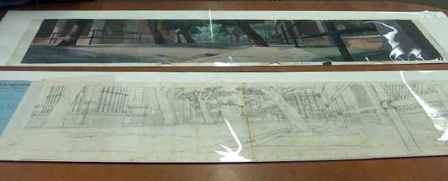 This panoramic scenery in pencil and full color became a background in "Lady and the Tramp", the first animated CinemaScope feature.