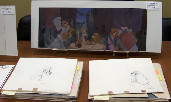 The individual elements and final version of this classic "Lady and the Tramp" scene.