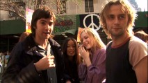 Four of the "Stars of Tomorrow" -- Jim Sturgess, T.V. Carpio, Evan Rachel Wood, and Joe Anderson -- chillax during a break in filming a peace demonstration scene.