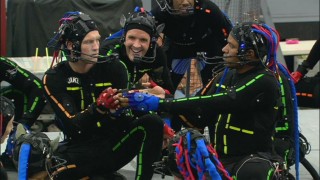 In a scene that didn't make it as far as animation, Jake (Sam Worthington) and Tsu'tey (Laz Alonso) engage in a drinking contest, here shown in motion capture performance.