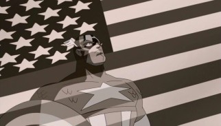 Patriotic World War II hero Captain America is introduced in a black & white newsreel.