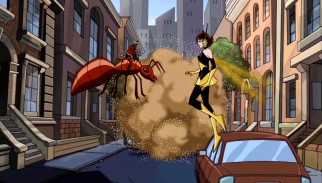 A tiny ant-riding Ant-Man and human-sized Wasp team up to take down baddies.
