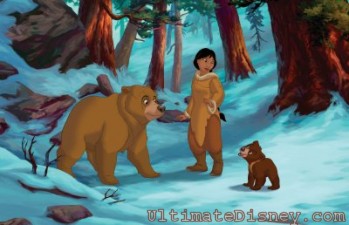 Nita (center) meets Koda and reunites with her childhood friend Kenai, who is now a seven foot Grizzly bear!