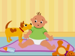 Green shirt boy doesn't look so pleased by his dog's proximity.