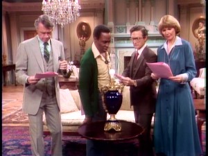 If "Benson" were a radio drama, it might look like this. The Governor, Benson, Taylor, and Kraus (Inga Swenson) read a script meant to throw off whoever's bugged the Mansion.