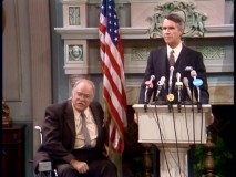 Looking like a wheelchair-bound Wilford Brimley, David Huddleston is just 49 years old when he plays the Governor's father in "Old Man Gatling."