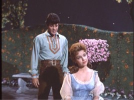 Tom Piper (Tommy Sands) and Mary Contrary (Annette Funicello) share an intimate moment in the garden.