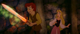 Taran is impressed and Princess Eilonwy surprised by the magical sword he has nonchalantly picked up.