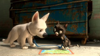 Using a trash-retrieved Waffle World placemat, scrawny pigeon bully alley cat Mittens (voiced by Susie Essman) maps out the journey Bolt needs to take.