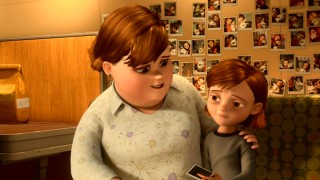 Penny's plus-sized Mom tries to comfort her Bolt-missing daughter in the dog's Polaroid-adorned trailer.