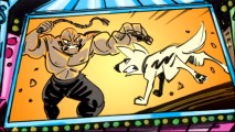 Seen on a nearby jumbo screen, Bolt's staged heroics are used to contrast with his back alley helplessness in this understandably deleted Las Vegas scene.