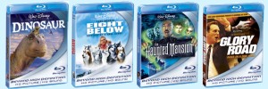 A look at the preliminary packaging design for Disney's first four Blu-ray disc releases, due September and October 2006: (left to right) "Dinosaur", "Eight Below", "The Haunted Mansion", and "Glory Road."