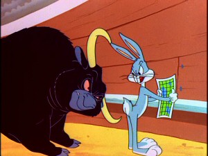 Bugs Bunny's efforts to figure out where he is are interrupted by a raging red-eyed bull in "Bully for Bugs."