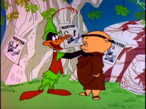 Daffy Duck tries hard to convince a Friar Tuck-ish Porky Pig that he is in fact "Robin Hood Daffy."