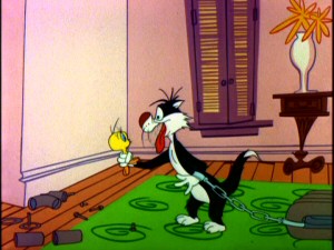 Neither attending a support group nor chaining himself to a radiator is enough to get Sylvester to stop craving Tweety in "Birds Anonymous."