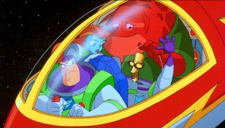 The four heroes of the movie (Buzz, Mira Nova, XR, and Booster) are a tight fit in the Alpha-1's escape pod.