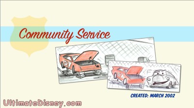 The title screen for the deleted scene "Community Service", as seen on the "Cars " DVD.