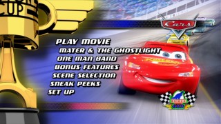 The Main Menu for the one and only "Cars" disc. What could that intermittently-appearing Dinoco logo lead to?!