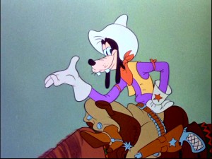 Goofy plays a Texas cowboy playing an Argentinean gaucho in the Saludos Amigos segment "El Gaucho Goofy." Once again, thanks to the magic of modern technology and selective political correctness, his original cigarette has vanished here.
