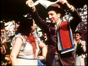A sarape-clad Walt Disney gets into the Latin spirit and dances with a senorita in "South of the Border with Disney."