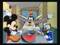 Mickey, Goofy, and Donald enjoy some breakfast on the road in "Mickey's Trailer."