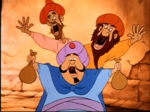 These three goofy marketplace dwellers from "The Small One" sing "We Work A Little Harder if We Must."