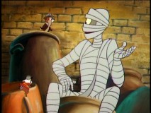 Hiram the mummy explains his situation to Chip and Dale.