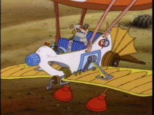 Monty makes some adjustments to Gadget's makeshift plane.
