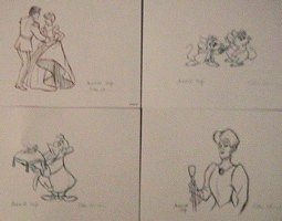 Four of the eight character sketches, created by animators Ollie Johnston and Andreas Deja.