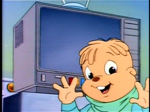 After single-handedly setting up the TV, Theodore excitingly presents "Funny, We Shrunk the Adults", though he gets the pronoun wrong.